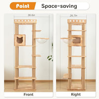 74.8" Wooden Cat Tree Tower for Large Cats, Multi-Level Cat Climbing Furniture with Scratching Posts, Cat Condo & Hammock, Natural Wood Cat Activity Center (Brown)