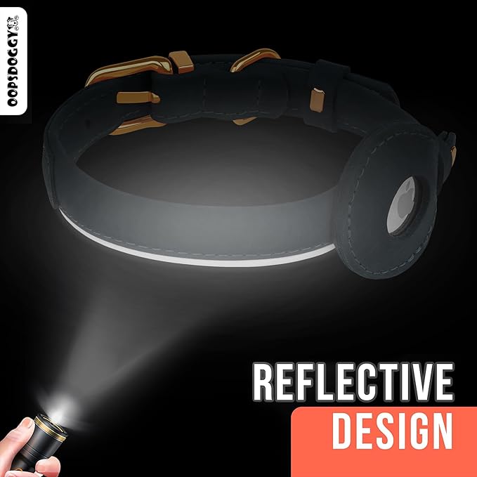 OOPSDOGGY Rolled Leather Dog Collar with Airtag Holder - Reflective Round Airtag Dog Collar - Soft Tracking Pet Collar for Small Dogs Puppy Cats Kitten (Brown, XXL, 20"-24")