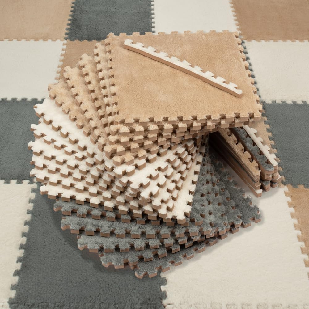 16 Carpet Squares Puzzle Mat 49" x 49" Baby Mat for Floor - Light Brown,gray,white