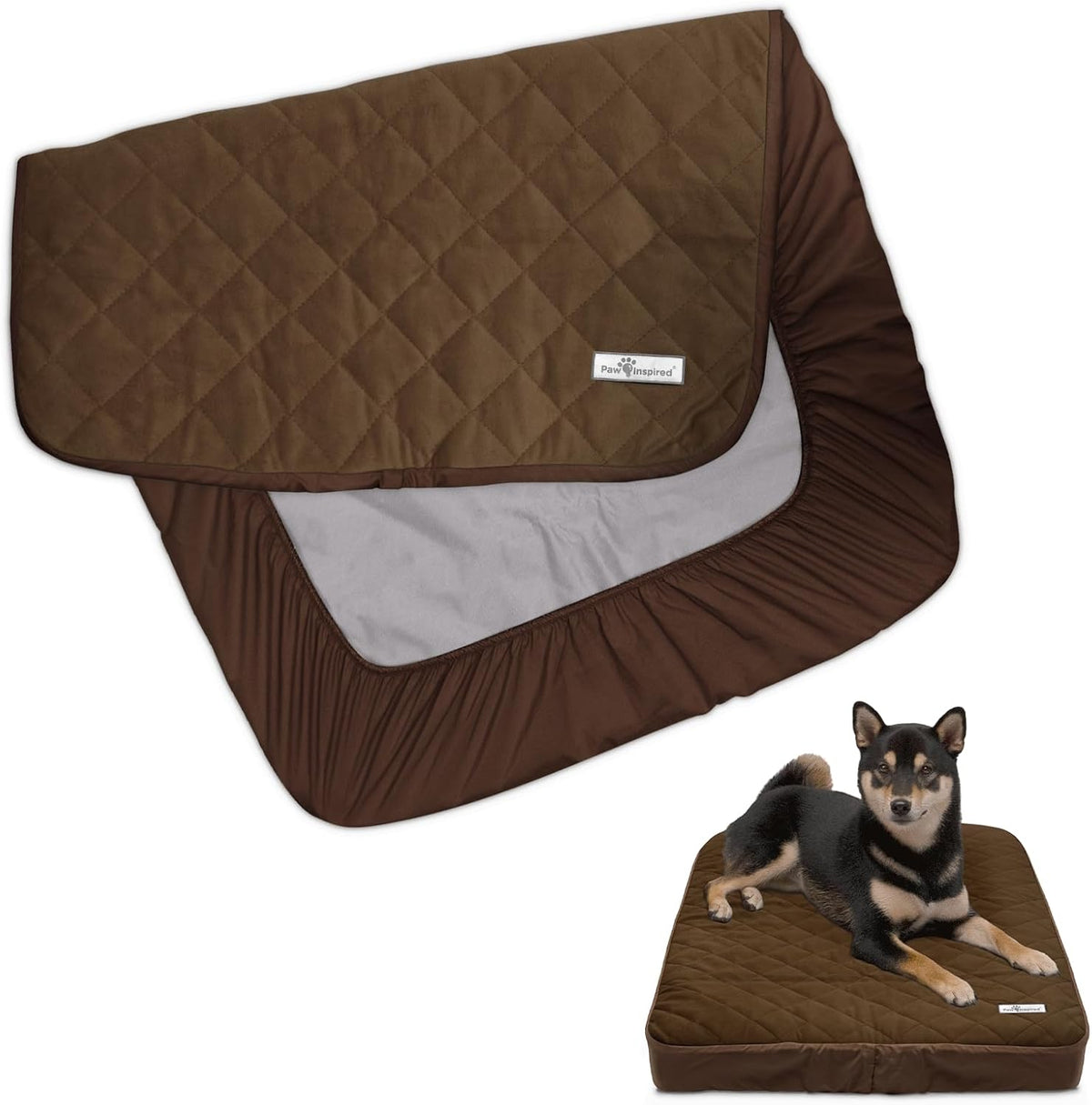 Paw Inspired Washable, Waterproof Fitted Dog Bed Cover - 34 x 23 x 5 Inch / Dark Brown