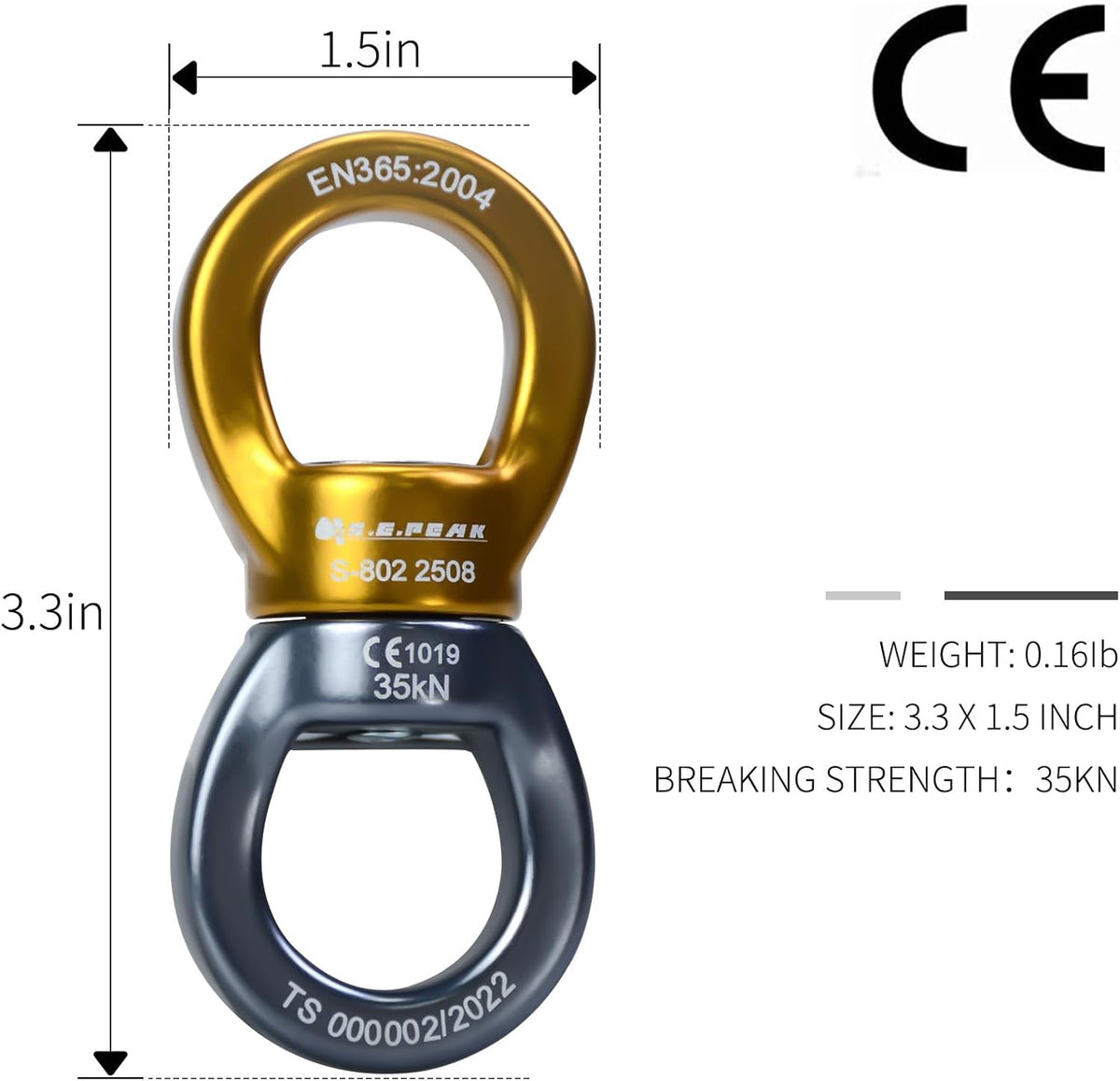 S.E.PEAK black anodized aluminum 35kN swing swivel with 360 degree rotation - view 28