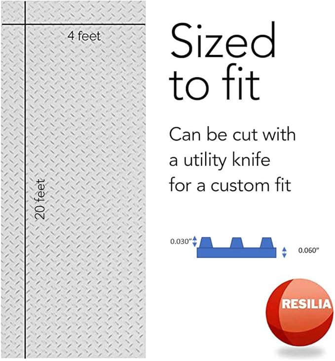 RESILIA Heavy Duty Garage Floor Runner & Protector Mat - Slip Resistant Diamond Plate PVC Mats - Water, Spill, & Stain Resistant, Silver (4 feet x 20 feet)