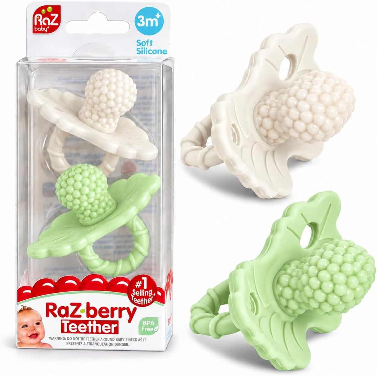 RaZbaby RaZberry Silicone Baby Teether Toy - Green & White / 2 Count (Pack of 1)