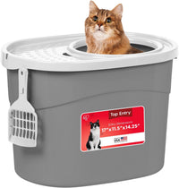 IRIS USA Top Entry Cat Litter Box, Hooded Privacy - Oval / Gray w/ Scoop