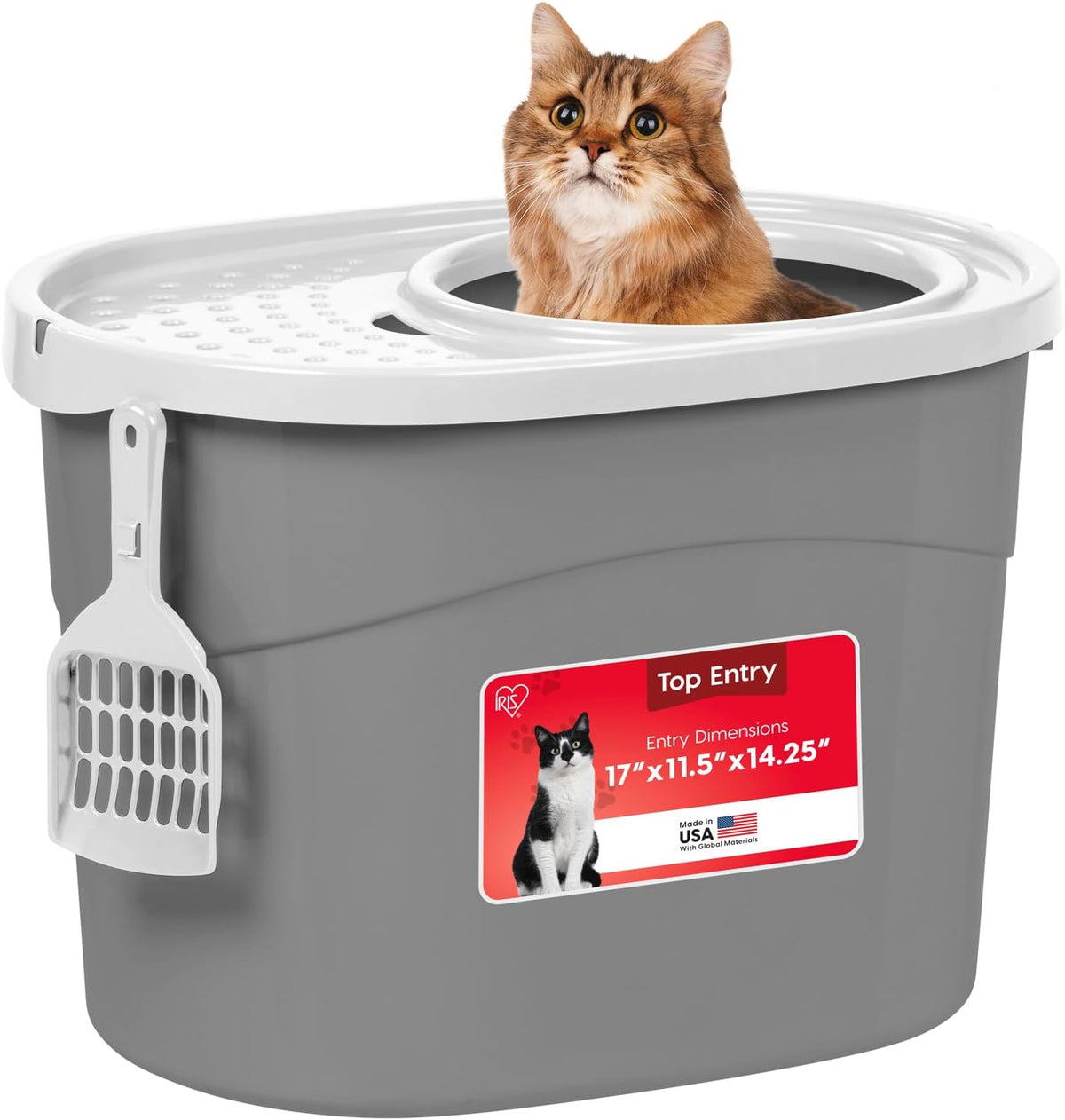 IRIS USA Top Entry Cat Litter Box, Hooded Privacy - Oval / Gray w/ Scoop