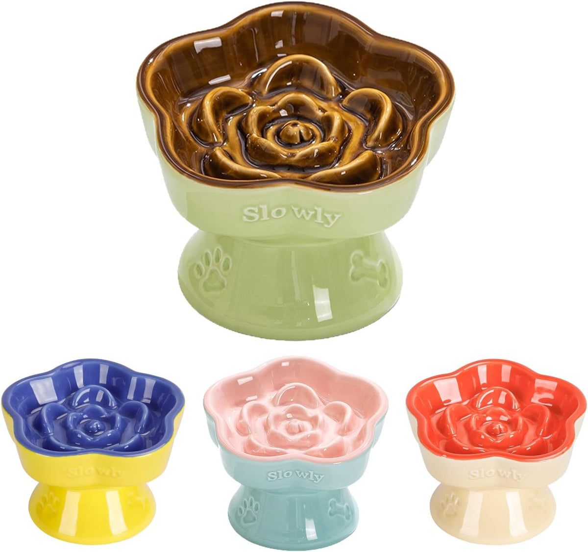 S&Q's CERAMICS Raised Slow Feeder Cat Bowl - 5.8" / Brown