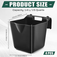 4 Pack 15 Quart Horse Feeders for Stall Hook Over Hanging Fence Hay Feeder Mountable Livestock Plastic Feed Bucket for Farm Stalls Pasture, Stable to Feed Horses Sheep Cattle Cows Etc(Black)