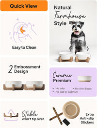 Ceramic Dog and Cat Bowl Set with Acacia Wood Stand - M-4 Cups / Lines+Dot - image 4