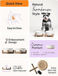Ceramic Dog Bowls for Medium Small Dogs - 4 Cup Medium Dog Food and Water Bowls with Wood Stand, Cute Pet Dishes Set of 2, Lines+Dot