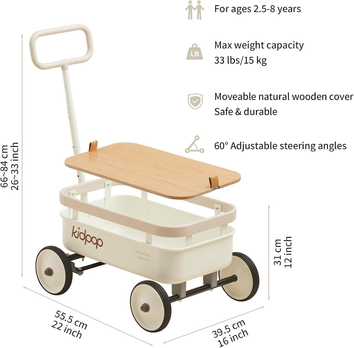 Kidpop PULA-Wild 3-in-1 kids pull along wagon and push walker in white with wooden cover - view 6