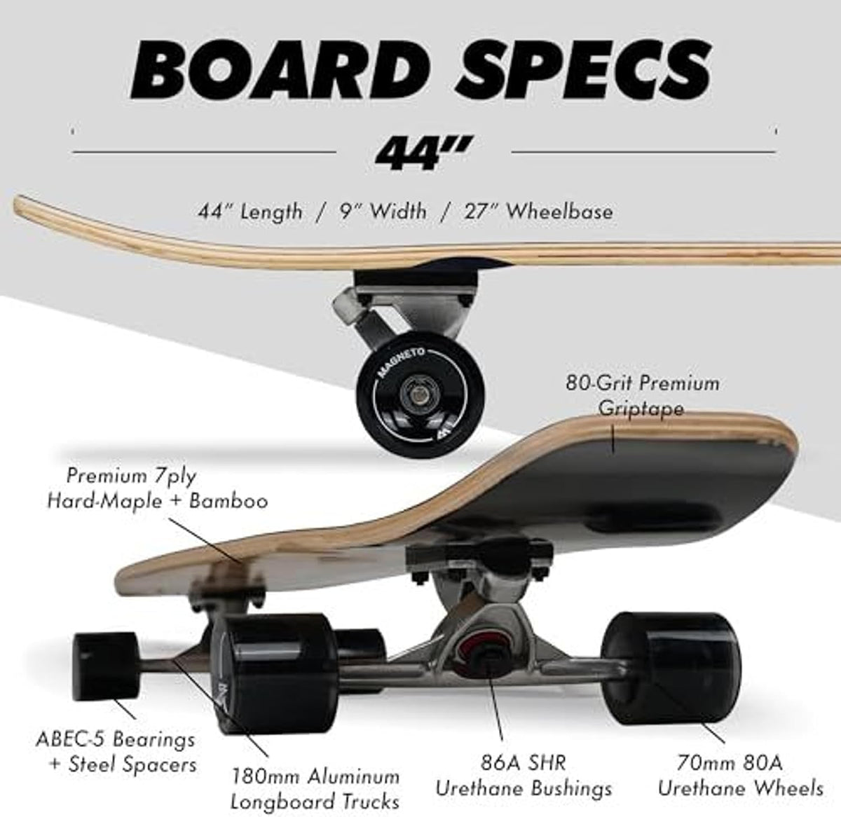 Magneto 44 inch Kicktail Cruiser Longboard Skateboard - Retro Surf - image 3