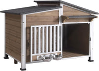 GUTINNEEN Dog House Outdoor Dog Kennel with Chew-Proof Metal Frame, Rotating Food Bowl, PVC Door Curtain, Weatherproof for Small Medium Dogs, 39.7" L x 25.5" D x 32.2" H (Light Brown)