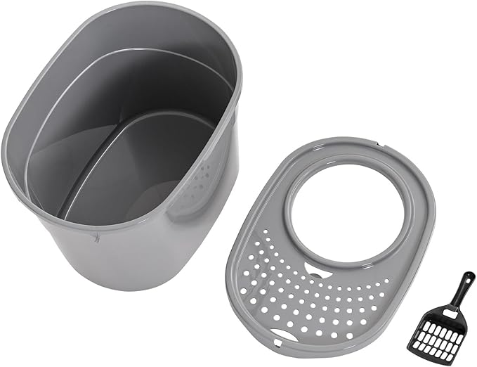 Amazon Basics Large Cat Litter Box with High Sides, Top Entry, Includes Scoop, 20.5 x 14.75 x 14.38 inches, Grey