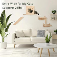 KVIDA Cat Wall Shelves Set – 5PCS Extra-Large Wall Mounted Cat Furniture with 2 Platforms, Sisal Scratching Post & Cat House – Solid Wood Climbing Wall for Large Indoor Cats