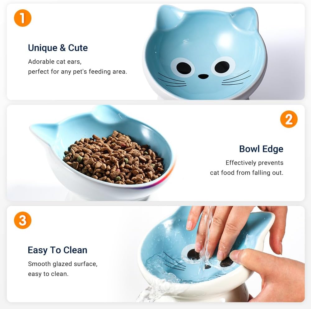 Raised Cat Food Bowl Ceramic 15° Tilted Cat Food Bowls Protect Cat's - blue white / 1 - image 4