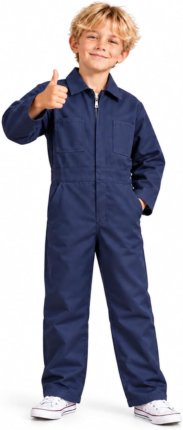 VZQI kids coveralls, navy six-pocket mechanic jumpsuit with front zipper