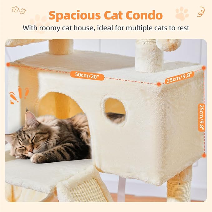 Taoqimiao Cat Tree 57.5-Inch, Cat Tower for Indoor Cats Large Adult, Extra Large Cat Condo, 8 Sisal Scratching Posts, Metal Frame Cozy Hammock, Durable Scratch Board, 2 Top Perches, Beige MS026M