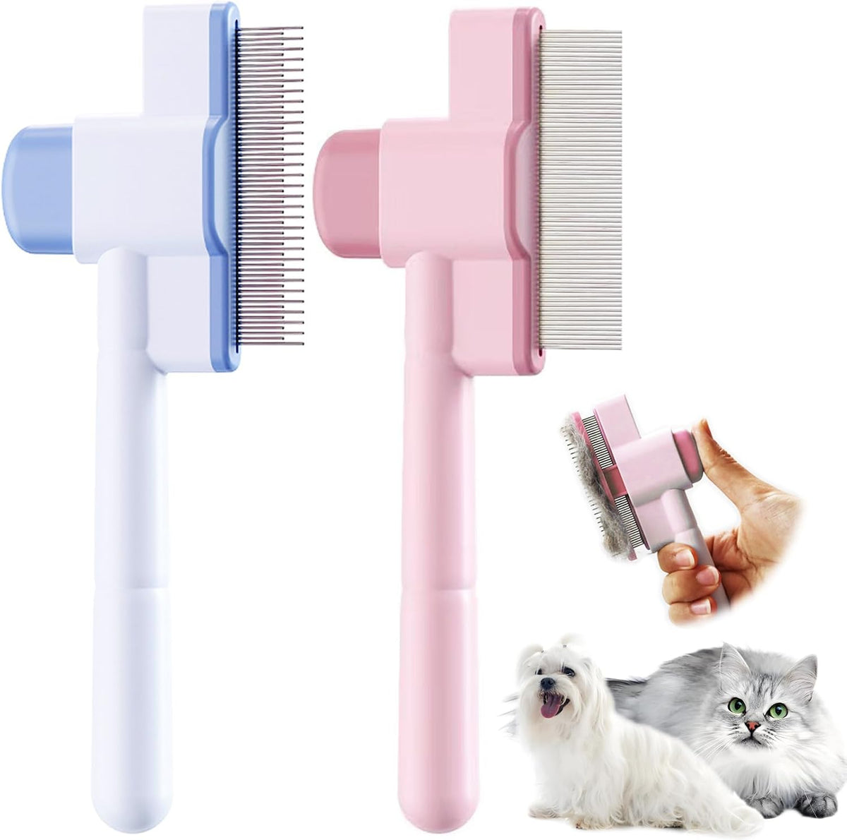 Cat Comb Pet Comb Self Cleaning Upgraded Cat Brush for Long Haired - Blue, Pink