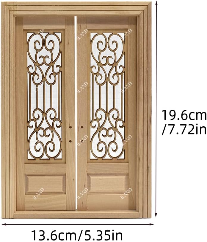 iLAND 1:12 scale unfinished wooden dollhouse door with 3D acrylic windowpane and gold handle - view 7