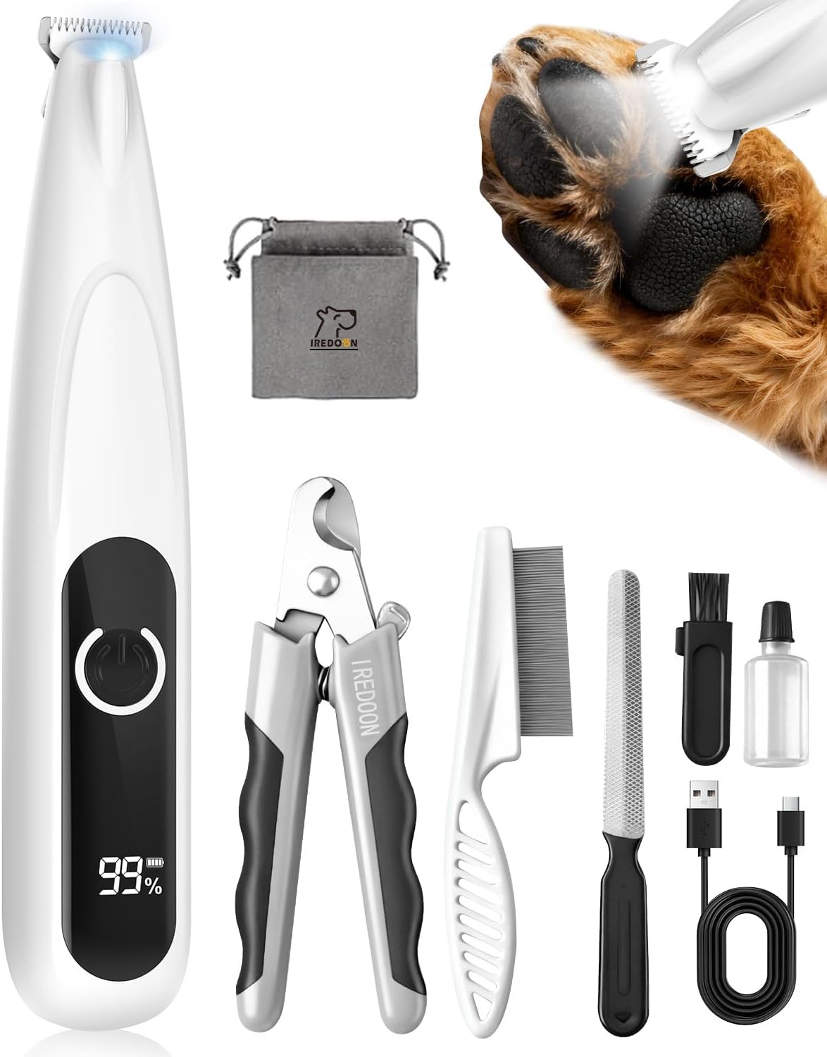 IREDOON cordless dog paw trimmer with LED light and grooming kit