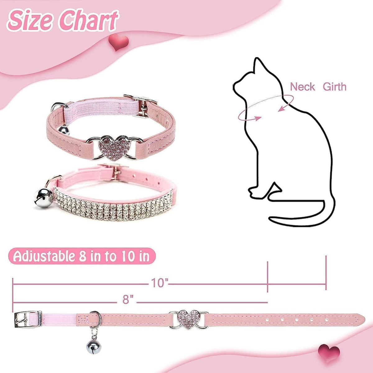 BINGPET Diamond Cat Collar with Bell, Adjustable Kitten Collar - Pink(Heart & Rhinestones) / Neck Girth 8"-10" - image 2