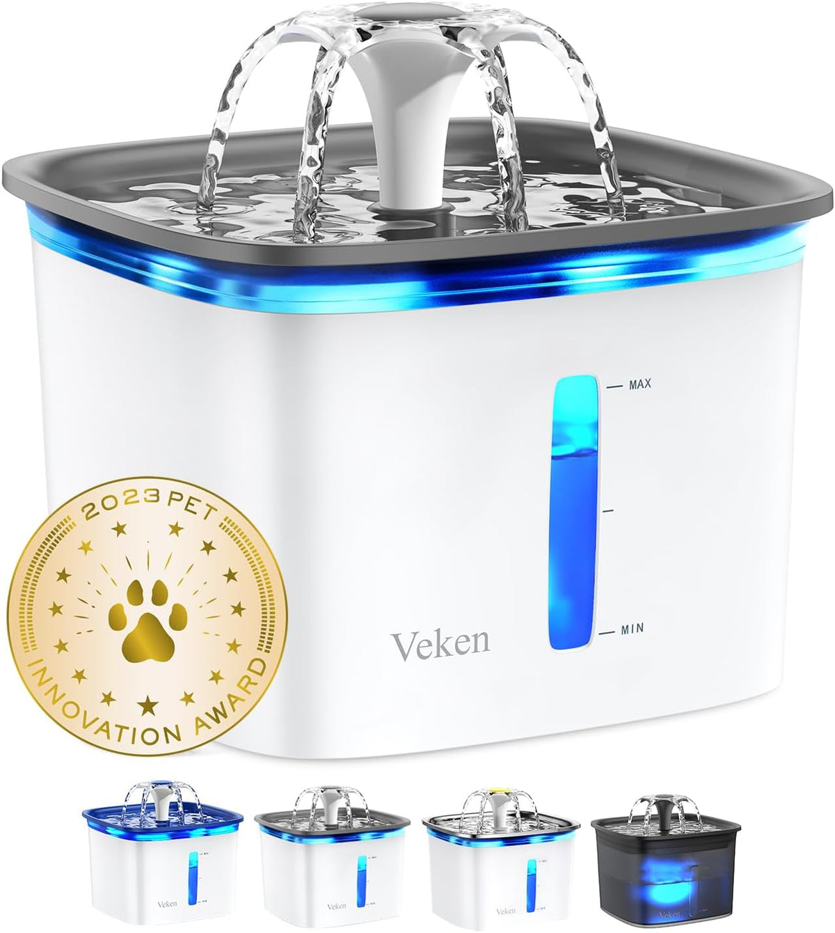 Veken Innovation Award Winner 95oz/2.8L Cat Water Fountain - Grey / 2 Filters+2 Sponges