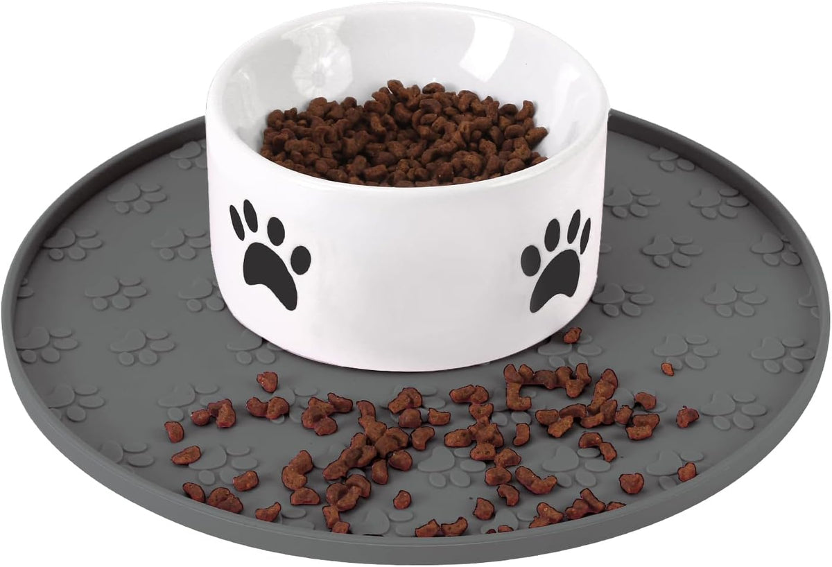 Silicone Pet Food Mat - Waterproof Dog & Cat Feeding Mat with High Lip to Prevent Spills & Protect - Grey