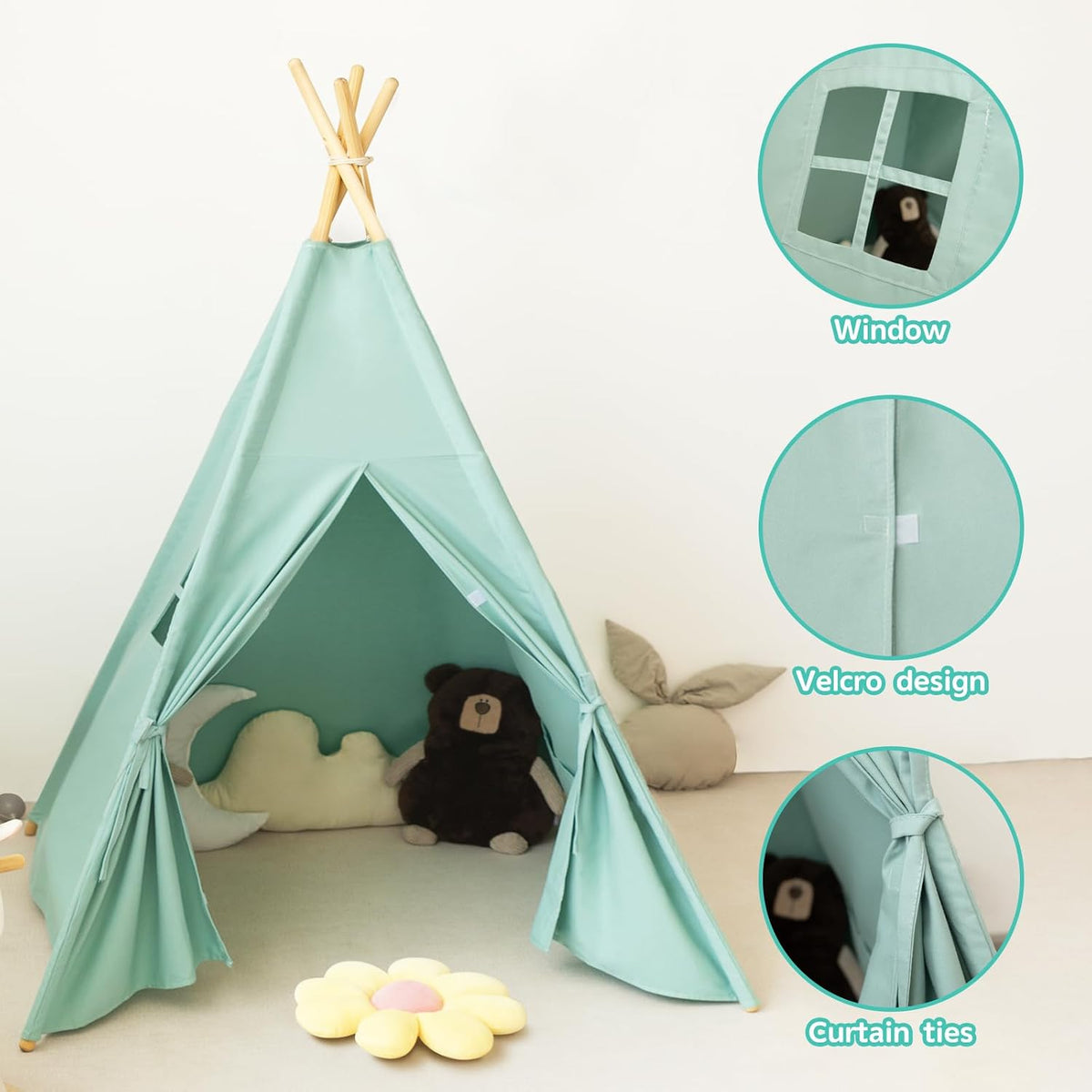 RongFa white canvas teepee tent for kids with wooden poles, flap door and mesh window - view 10