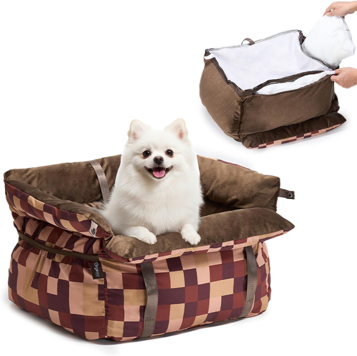 BurgeonNest Dog Car Seat for Small Dogs up to 25 lbs Grey – Essentials for Dogs - Plaid Brown