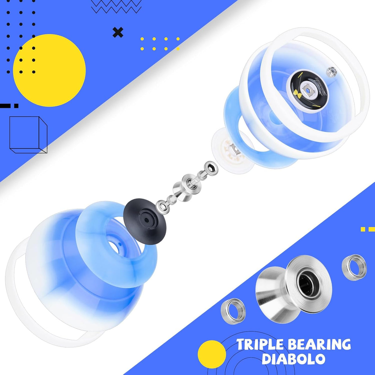 CHEE MONG MD01 triple bearing Chinese yoyo diabolo in blue and white with carbon sticks - view 6