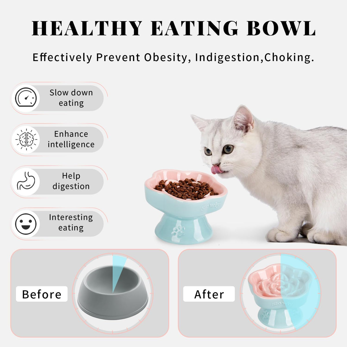 S&Q's CERAMICS Raised Slow Feeder Cat Bowl - 5.8" / Pink - image 3