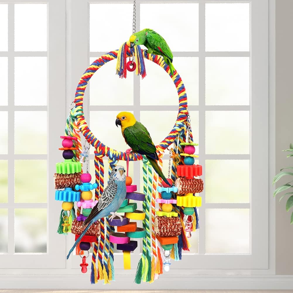 Bird Toys Bird Rope Ring Swing Perch with Corn Cob Cardboard Bagels - image 2