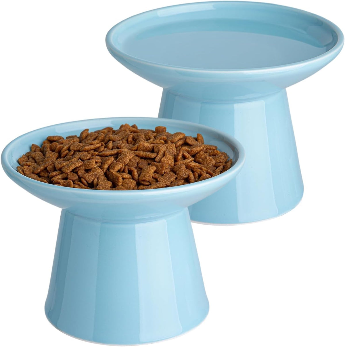 Ceramic Elevated Cat Food Bowls, 6.2" Wide - Blue / 2 Pack