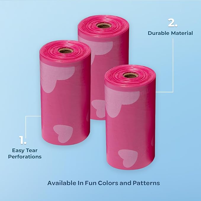 Best Pet Supplies Dog Poop Bags (360 Bags) for Waste Refuse Cleanup, Doggy Roll Replacements for Outdoor Puppy Walking and Travel, Leak Proof and Tear Resistant, Thick Plastic - Pink Heart