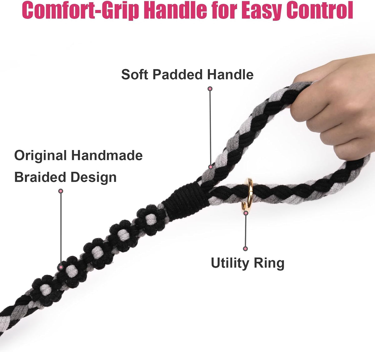 5FT Braided Cotton Rope Leash for Small, Medium and Large Dogs - Black - image 3