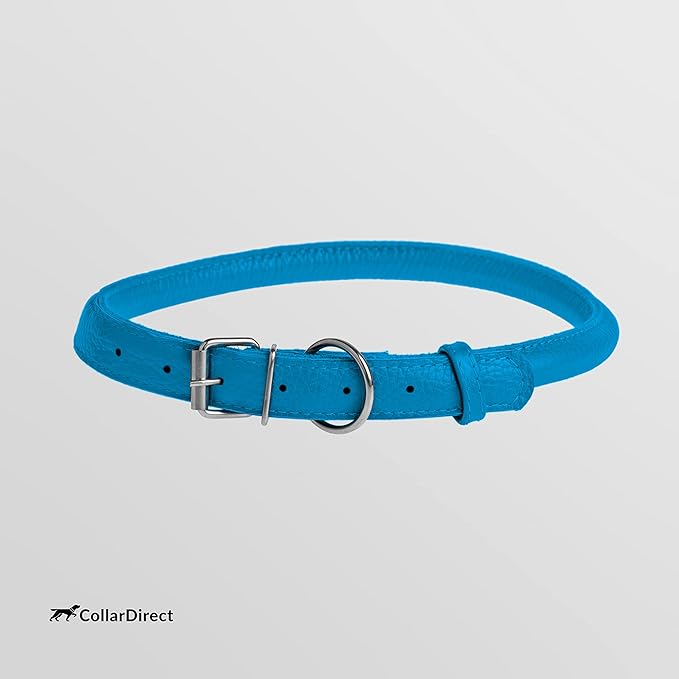 CollarDirect Rolled Leather Dog Collar, Soft Padded Round Puppy Collar, Handmade Genuine Leather Collar Dog Small Large Cat Collars 13 Colors (15-19 Inch, Light Blue Textured)