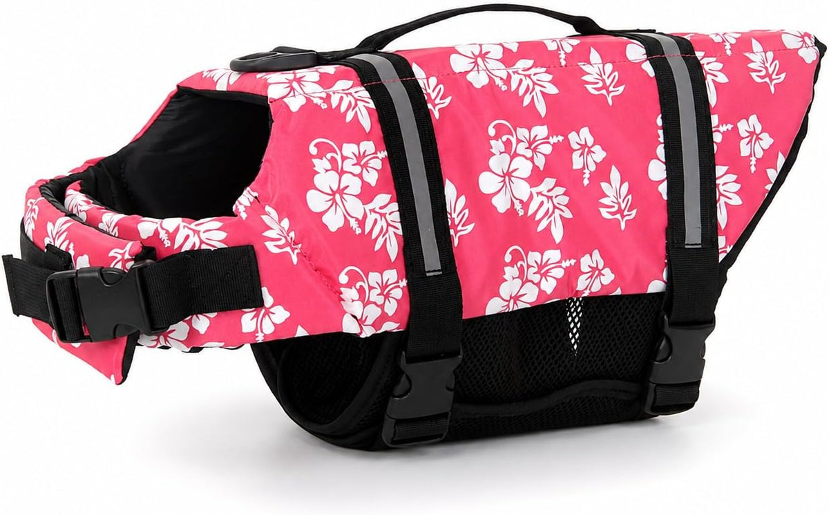 Dog Life Jacket Adjustable Dog Lifevest Swimsuit Safety Vest Apparel - A-Pink Flower / XXL:37-48 inch(Ribcage Girth)