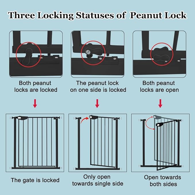 WAOWAO Triple Lock Baby Gate Extra Wide 44.48-48.42" Pressure Mounted Walk Through Swing Auto Close Safety Black Metal Dog Pet Puppy for Stairs,Doorways,Kitchen