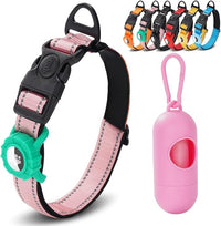 JSXD AirTag Dog Collar, Night Reflective Nylon Dog Collar for Small Medium Large Dogs,Lockable Quick Release Buckle,Padded Breathable Pet Collar with AirTag Holder (Pink, Large)