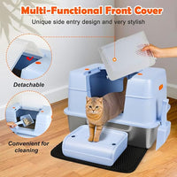 Vivifying Stainless Steel Litter Box with Lid, XL Side Entry Extra Large Litter Box for Big Cats & Kitty, Removable Enclosed Metal Cat Pan with High Sided Enclosure, Scoop, Mat, Footboard (Blue)