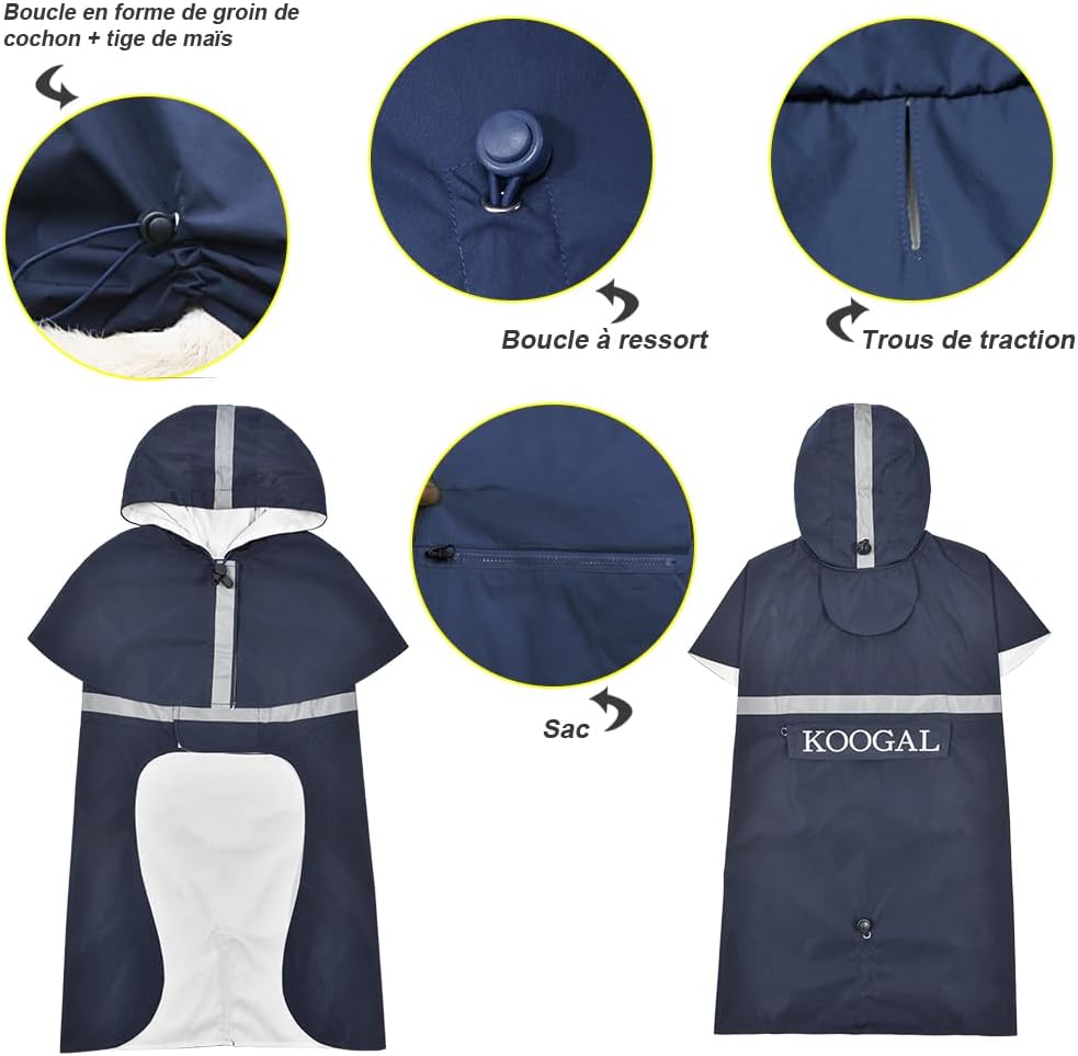 Dog Raincoat Waterproof Hooded, Medium Dogs - Navy Blue / 3XL-Fit for 33 to 44 pounds - image 2
