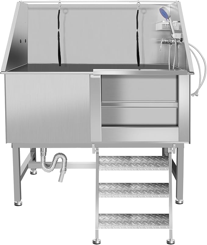 50" Pet Dog Bathing Station W/Ramp, Professional Stainless Steel Dog Grooming Tub W/Storage Drawer, Floor Grate, Faucet, Dog Bathtub for Large,Medium, Small Pets, Washing Sink for Home