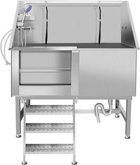 50" Pet Dog Bathing Station W/Ramp, Professional Stainless Steel Dog Grooming Tub W/Storage Drawer, Floor Grate, Faucet, Dog Bathtub For Large,Medium, Small Pets, Washing Sink For Home (50"Left ramp)