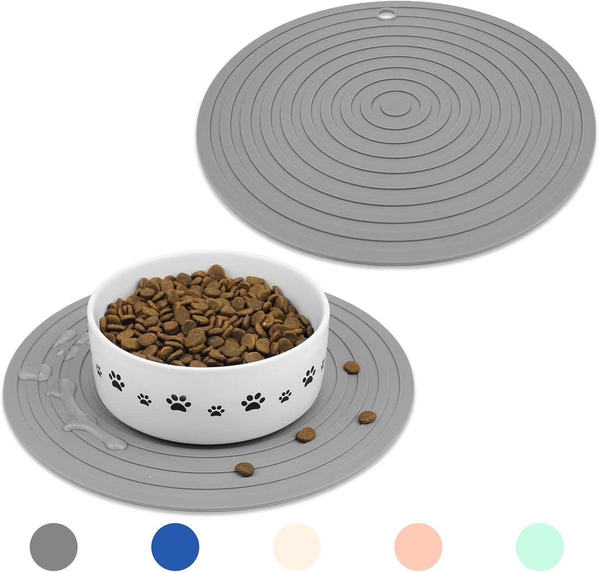 Pet Food Mat for Dog and Cat Placemat 2 Pcs - 9.5"L x 9.5"W / Grey