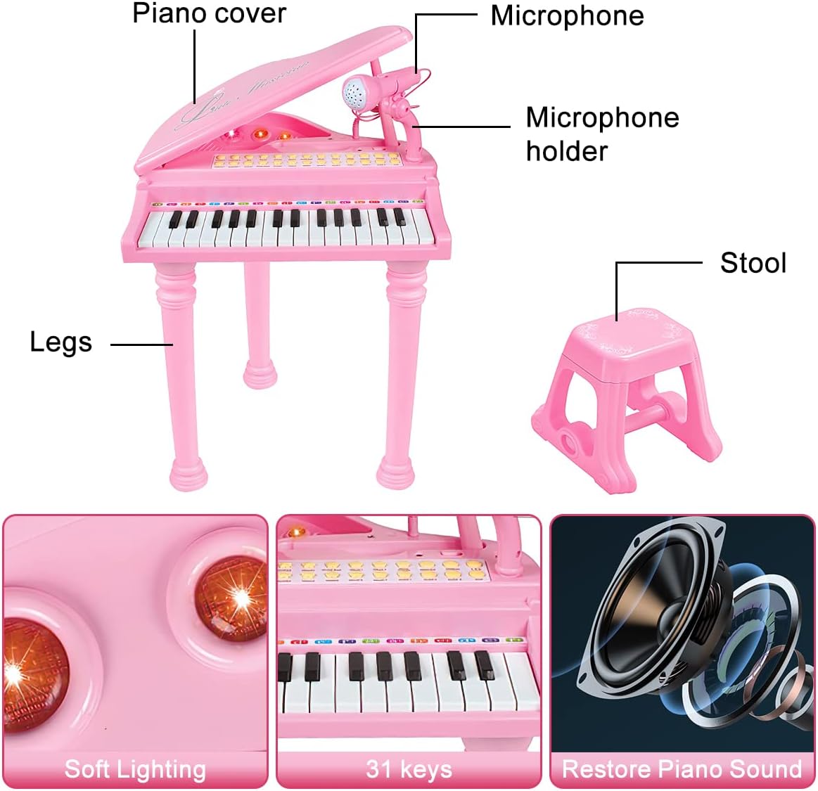 Losbenco kids piano keyboard toy with 31 keys, microphone and stool in pink - view 8