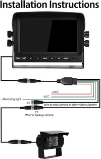 RV Backup Camera and Monitor Kit(12-24V) 7inch HD Monitor Reversing +2 Rear View Camera 170°Wide Angle,18IR Night Vision,Waterproof IP68，Dual Back up Camera for Truck/Trailer/Van/Camper/Vehicles.