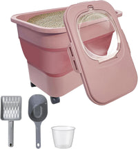 Collapsible Cat Litter Storage Container with Rolling Casters - Pink