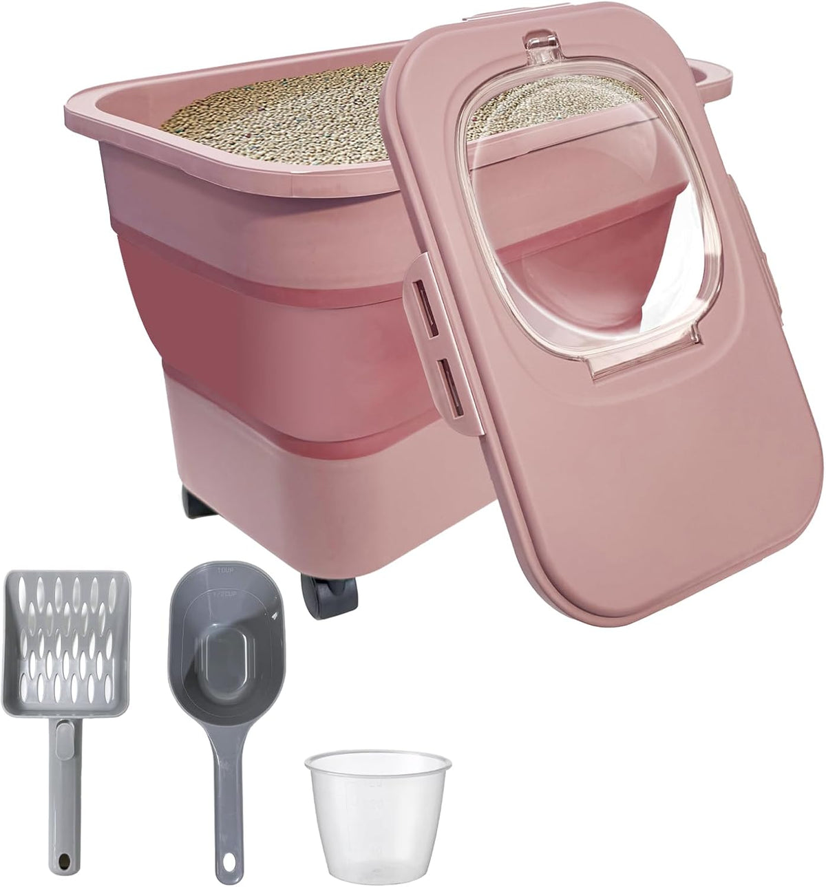 Collapsible Cat Litter Storage Container with Rolling Casters - Pink
