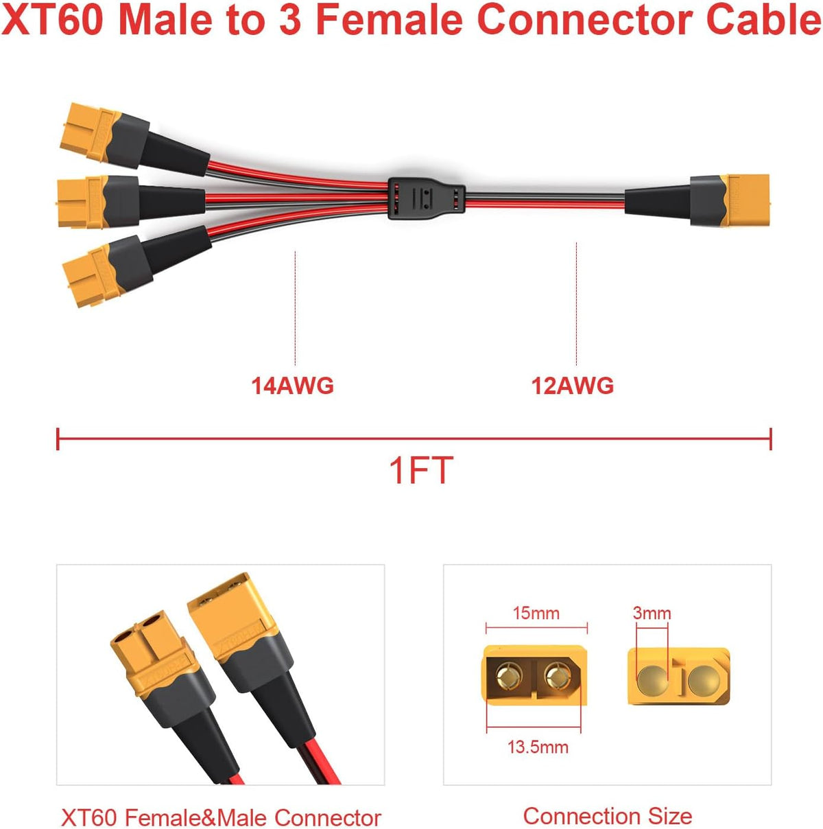 ELFCULB XT60 3 way splitter cable with 12AWG tinned copper wire, 1 ft long - view 12