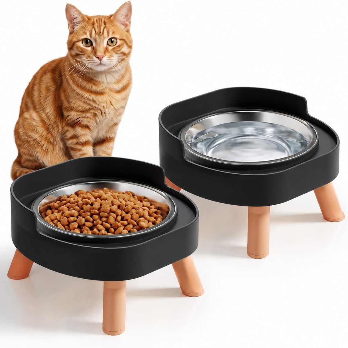Elevated Cat Bowls, 2P Raised Cat Food and Water Bowl Set for Indoor Cats, Splash Proof with 2 - 2P Cat Bowls - Black